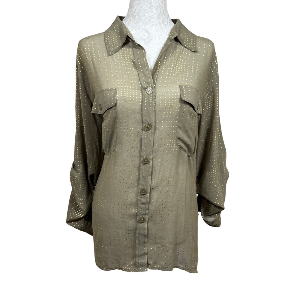 Ellen Tracy Olive Green Gold Metallic Sequin Button Up Blouse Top Womens XL
